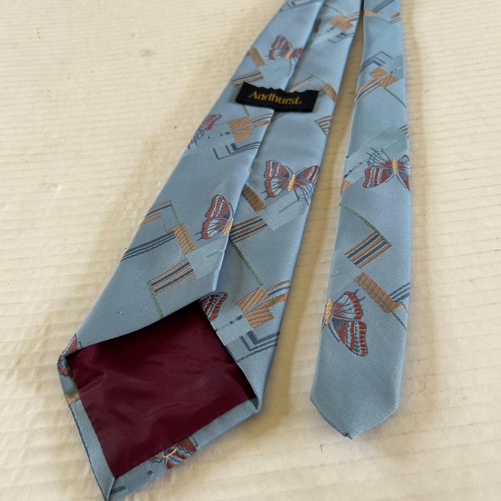 Andhurst Mens Necktie Light Blue Butterfly Geometric Woven Pattern Classic Tie - Picture 4 of 6